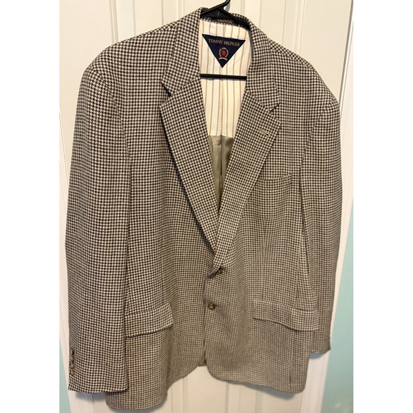 Tommy Hilfiger Vintage Light Brown Wool Houndstooth Blazer Sport Jacket 44L USA - Picture 1 of 9